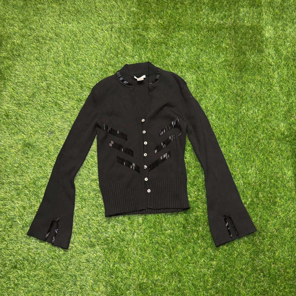 Cache Silk Blend Beaded Ribbed Cardigan Black Bell Sleeve V-Neck Small